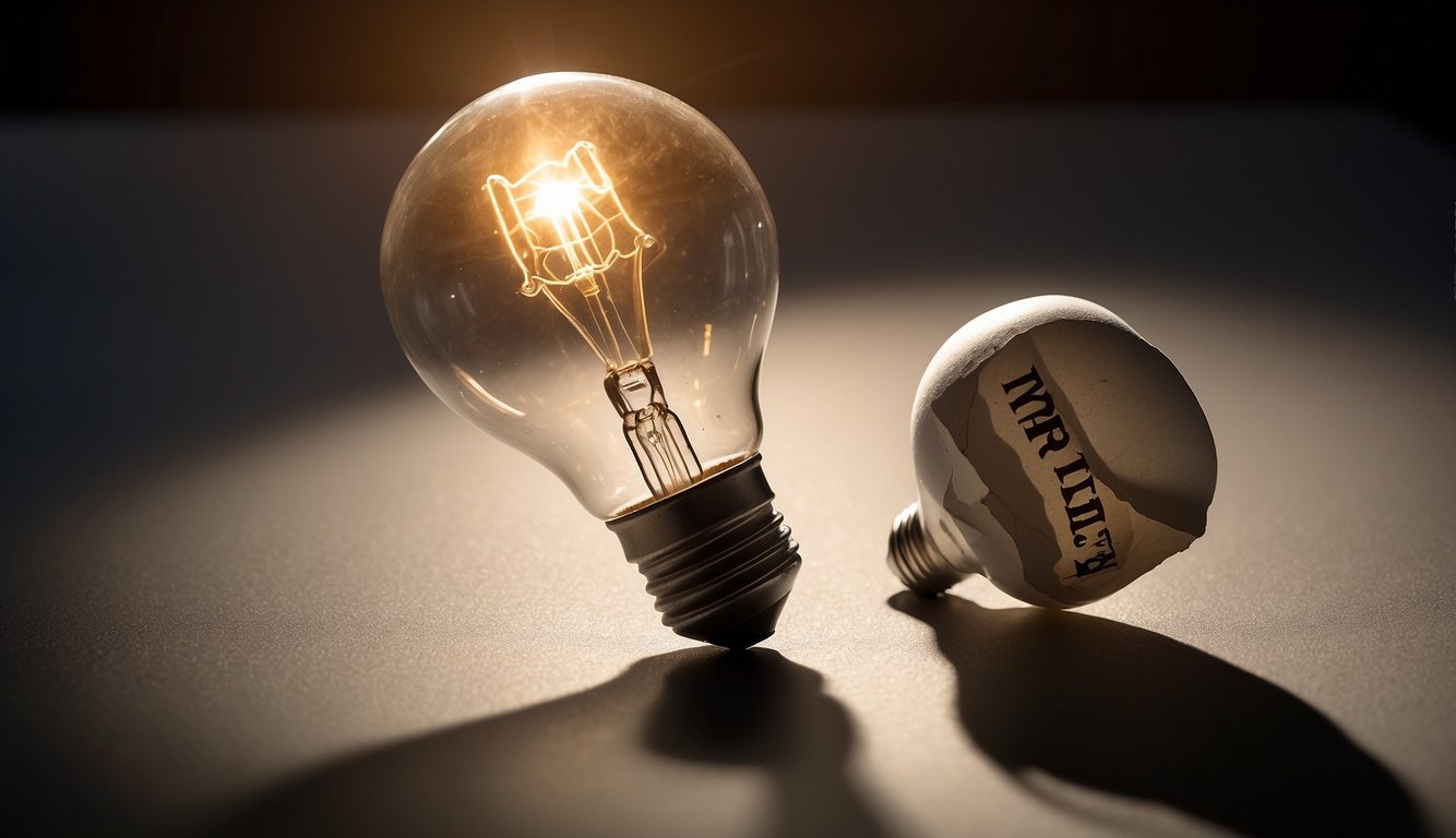 A light bulb flickers above a figure, casting a shadow on a crumpled piece of paper with the words "realize their mistake" written in bold letters