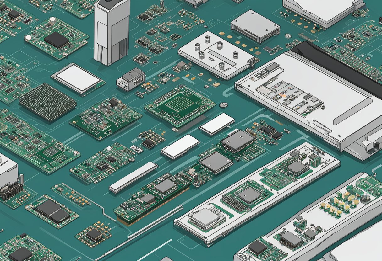 Components are placed on a PCB, soldered, and inspected. Boards are then tested and packaged for shipping