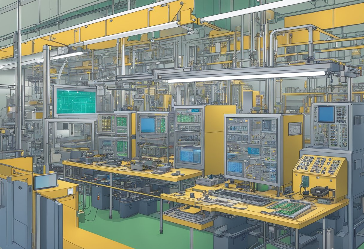 Components being placed on PCB, soldering, inspection, and testing stations in a factory setting