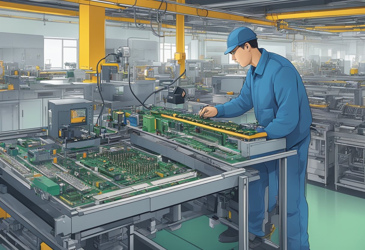 A technician assembles PCBs in a UK factory, surrounded by machinery and components