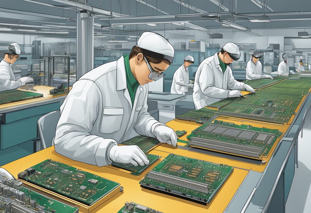 An array of circuit boards being assembled with precision and care in a modern UK PCB assembly facility