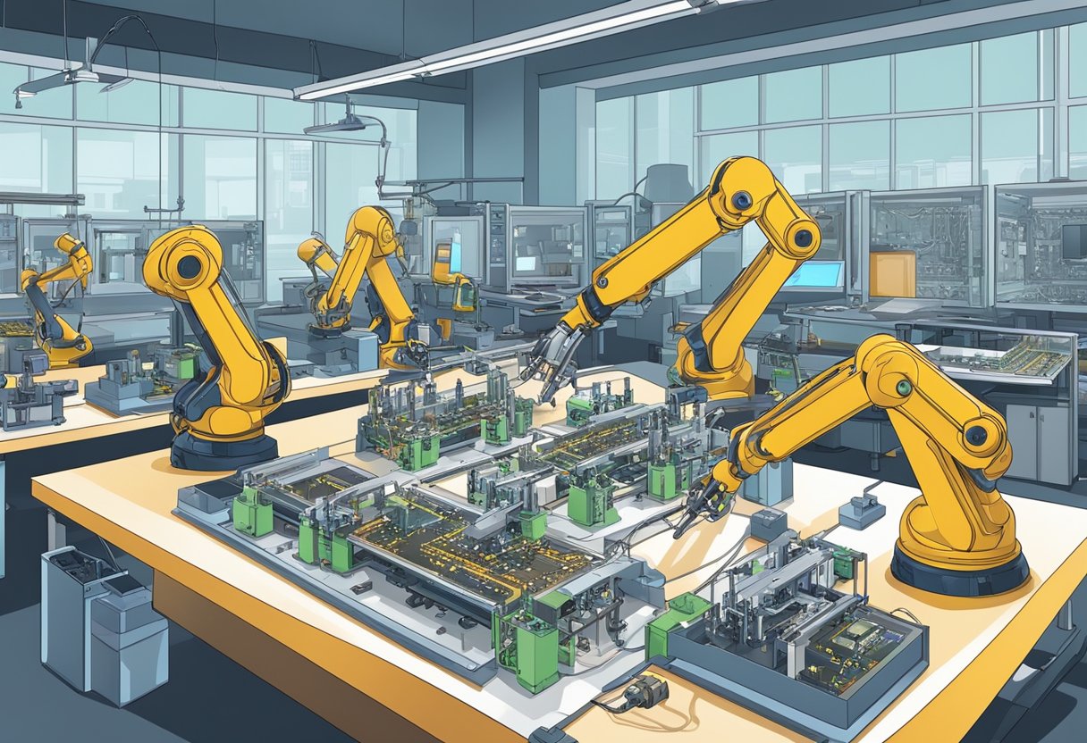 Robotic arms soldering PCB components on assembly line