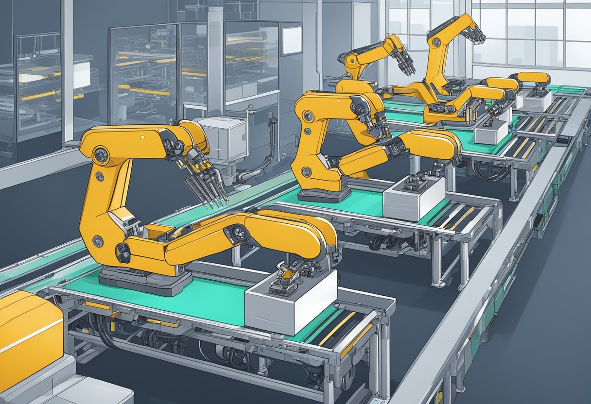 Robotic arms assemble PCB components on a conveyor belt