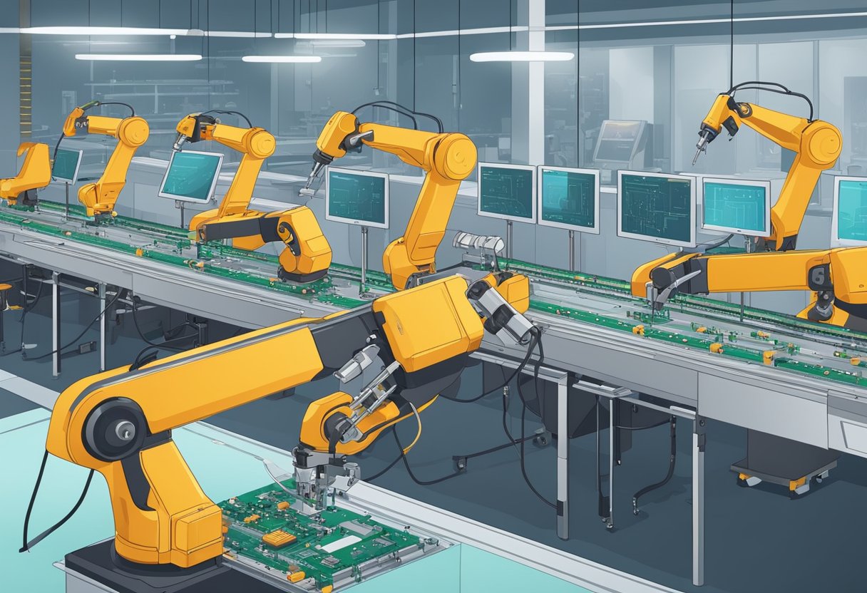 Robotic arms soldering components onto a PCB. Conveyor belt moving PCBs through assembly line. Automated testing equipment checking finished boards