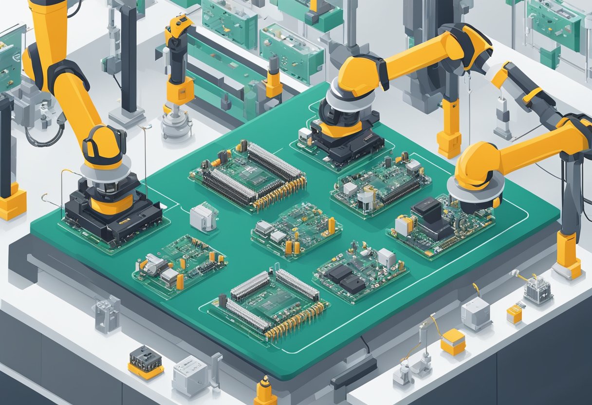 Electronic components being carefully placed on a circuit board by robotic arms in a clean and organized manufacturing facility