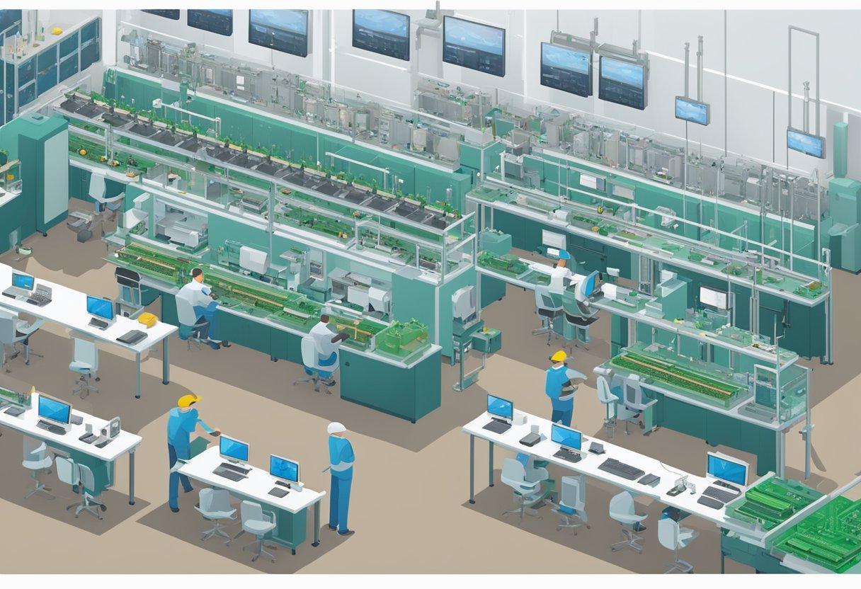 Scene: PCB assembly line with small batch production equipment, soldering stations, and quality control stations. Components being placed and soldered onto circuit boards