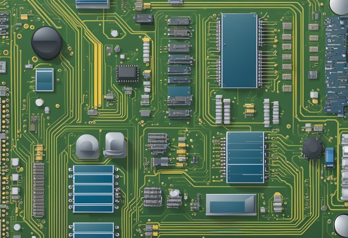 Components arranged on a printed circuit board, with attention to layout and design considerations for small batch assembly