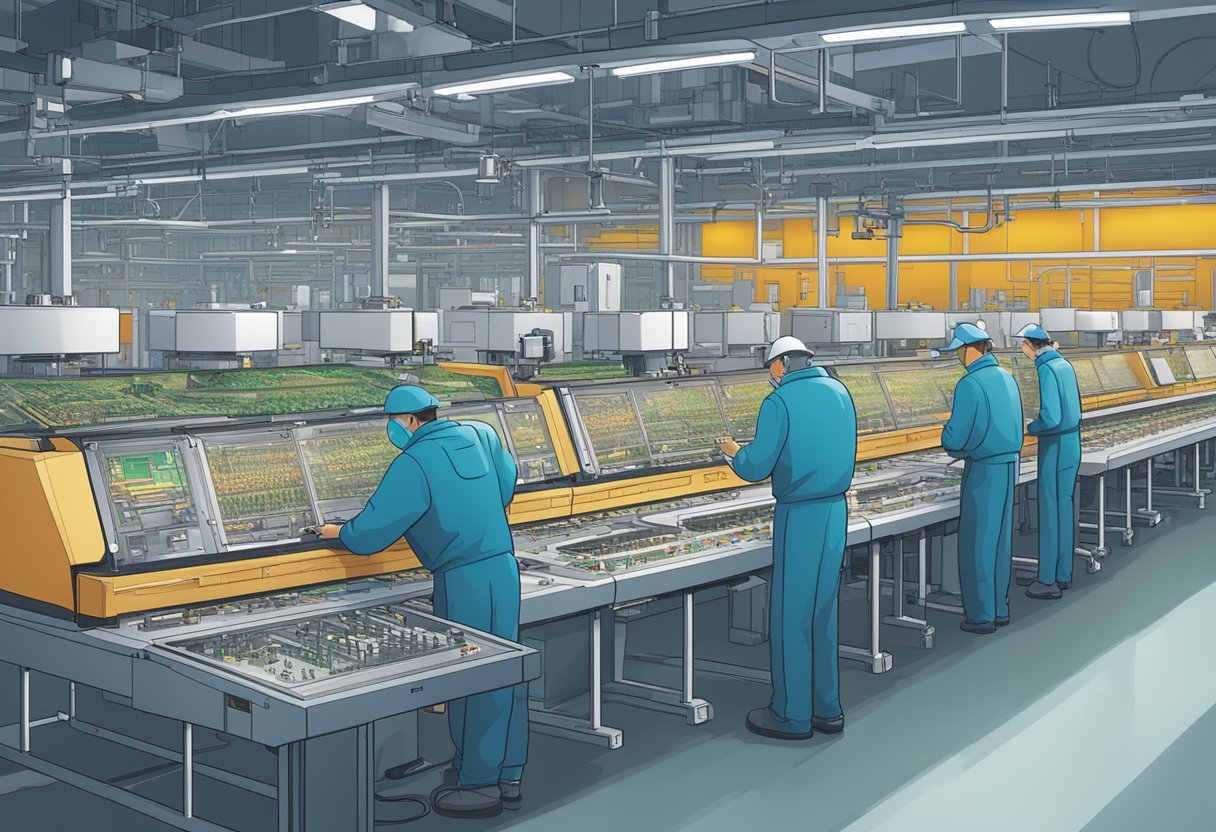 A technician inspects a circuit board assembly line in a Chinese factory, surrounded by machines and components