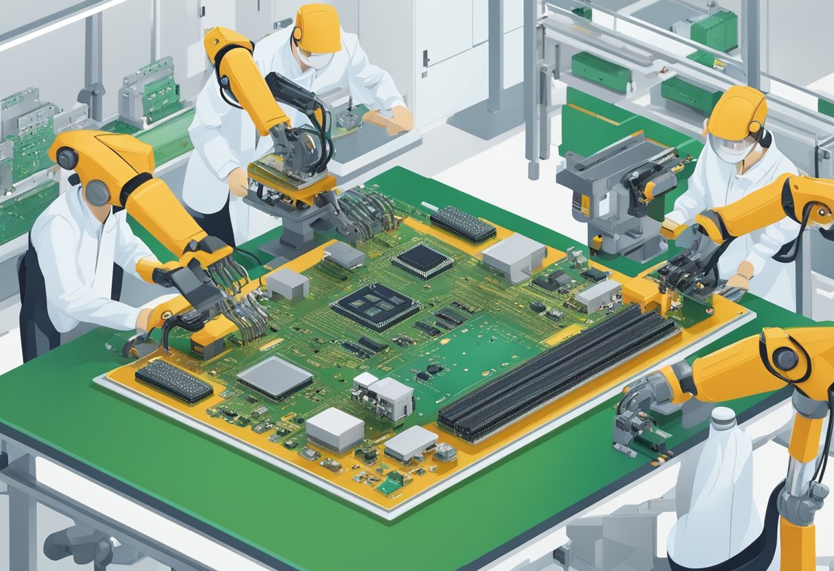 PCB components being placed onto a circuit board by robotic arms in a Chinese assembly factory