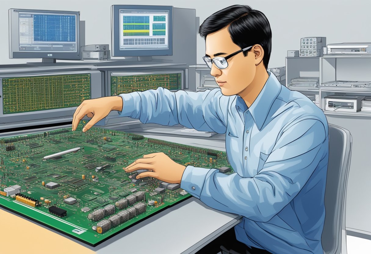 A technician reviews a PCB design, inputs specs, and receives a quote from a Chinese assembly company