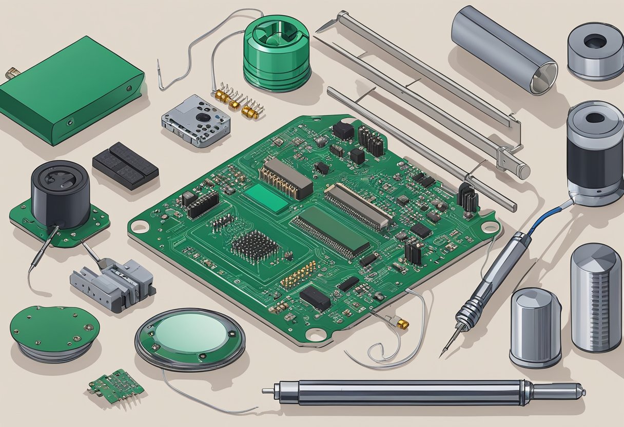 An array of PCB components laid out on a workbench, with a soldering iron, solder wire, and a reflow oven nearby