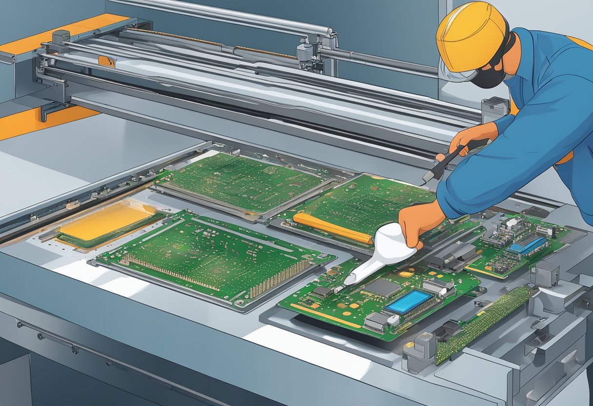 Solder paste being applied to PCB, components placed by pick and place machine, PCB going through reflow oven