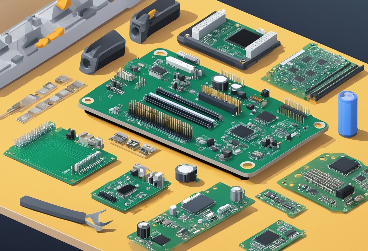 Various PCB assembly options displayed on a workbench with tools and equipment in the background