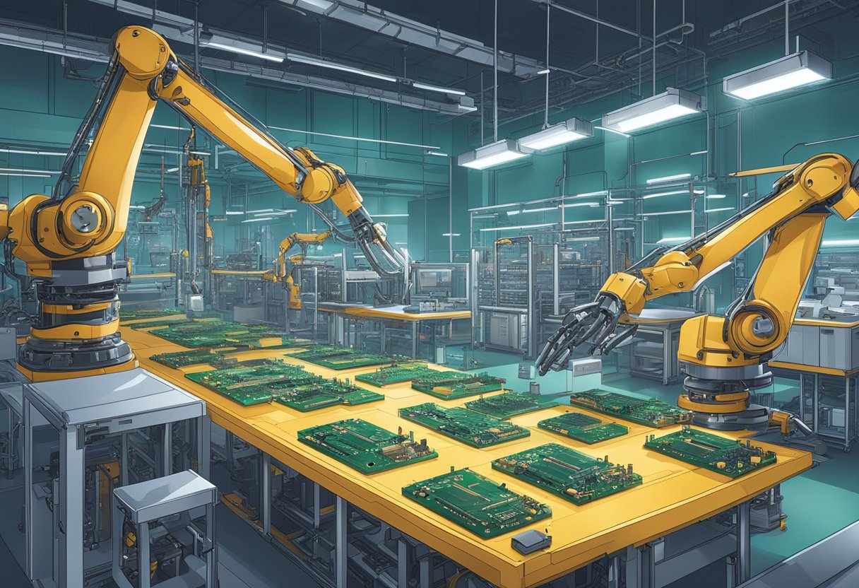 Circuit boards being assembled by robotic arms in a high-tech factory setting