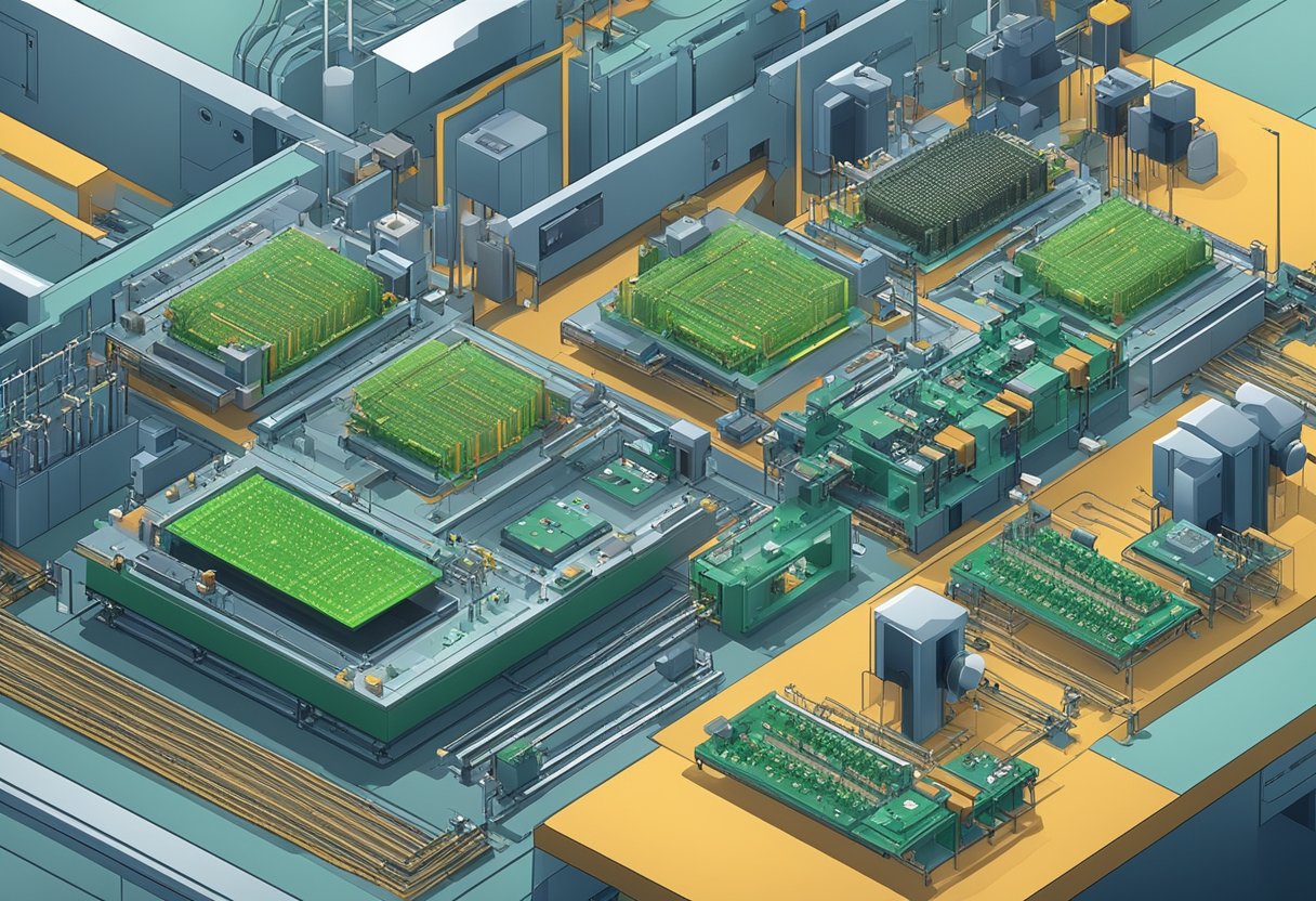 Multiple electronic components being assembled onto a printed circuit board (PCB) by automated machines in a clean and well-lit manufacturing facility