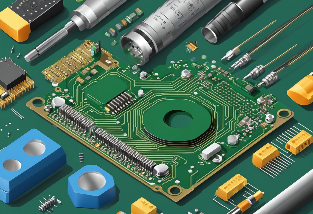 PCB components arranged on a circuit board, with soldering equipment nearby