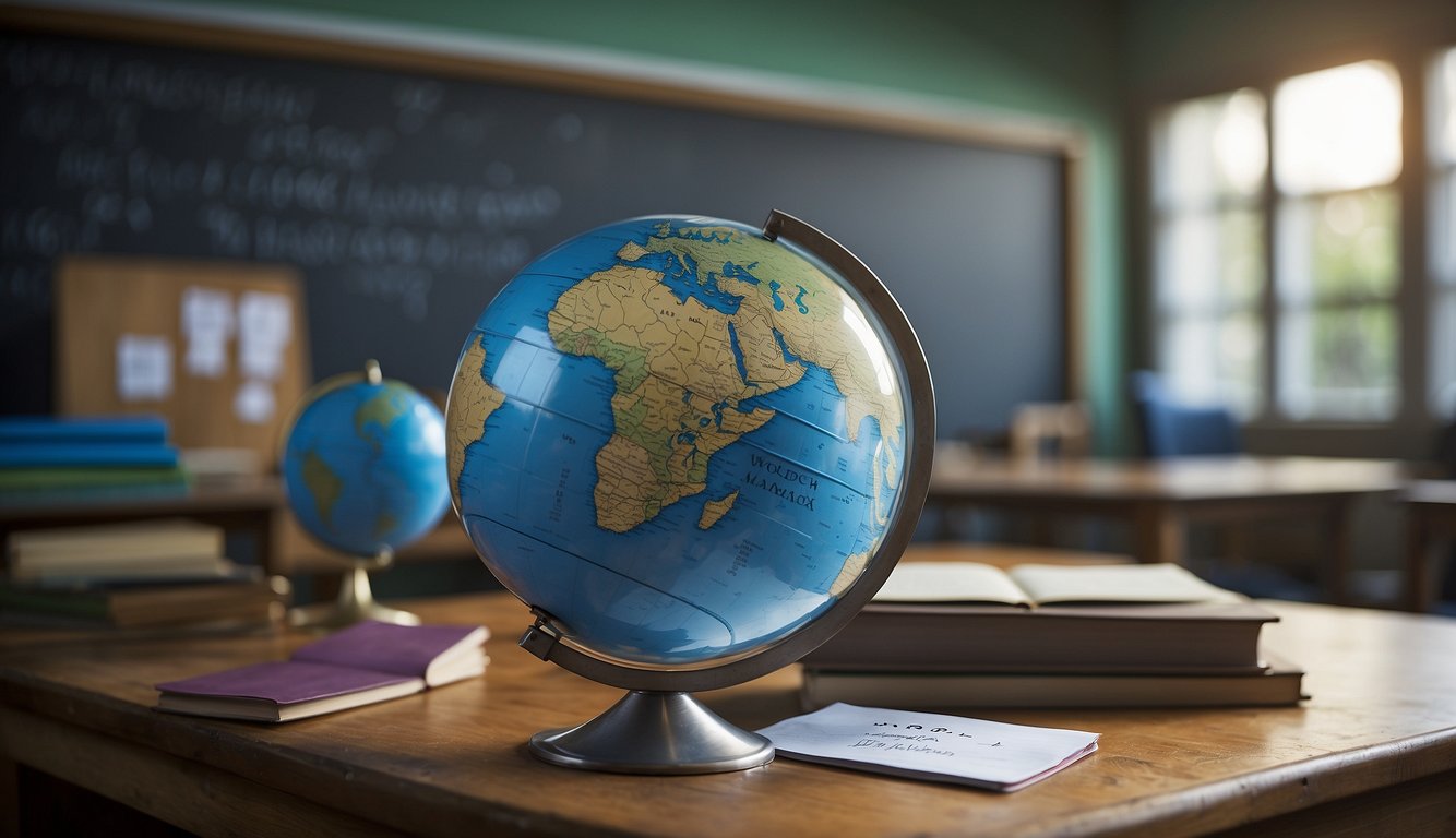 A classroom with a chalkboard, textbooks, and a globe. A water droplet symbol and a calendar marking "World Water Day" on March 22