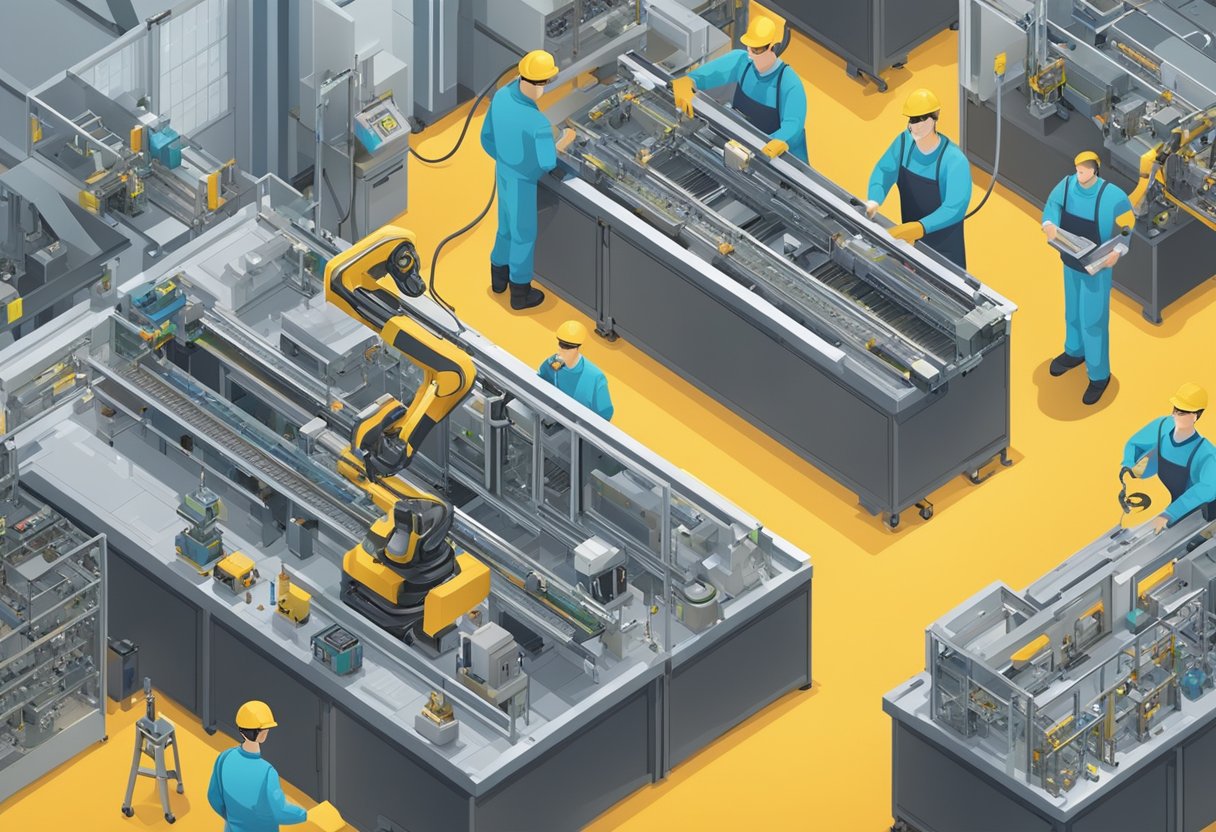 A bustling factory floor with robotic arms assembling circuit boards, conveyor belts transporting components, and technicians monitoring the process