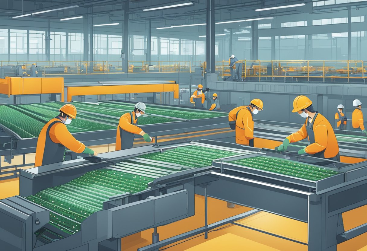 Machines assembling PCBs on conveyor belts in a spacious, well-lit factory with workers monitoring the process