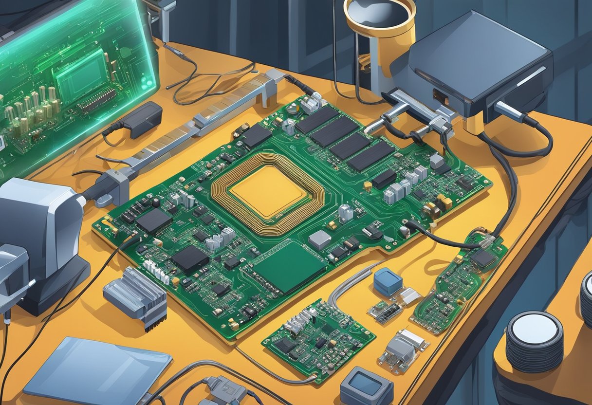 PCB components being soldered onto a circuit board at a home workstation