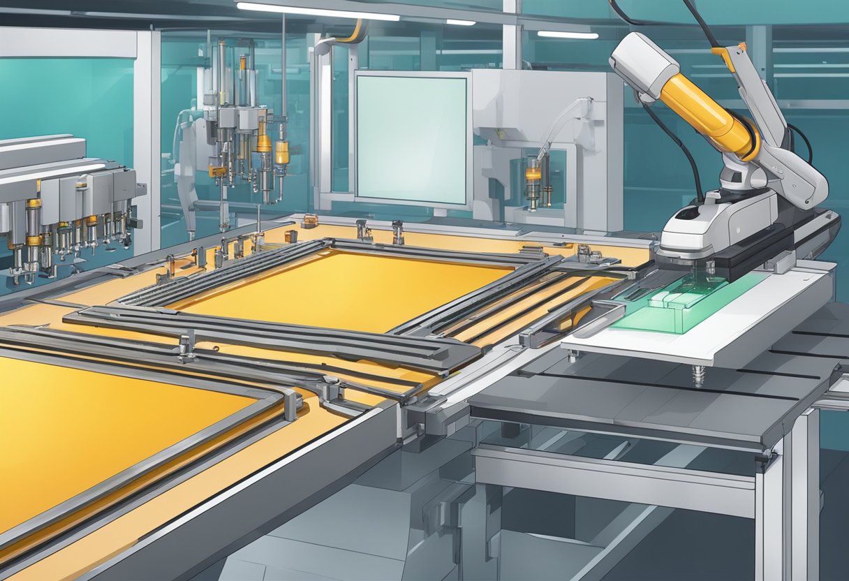 Soldering iron melts solder onto PCB. Components placed by robotic arm. Conveyor moves boards through assembly line