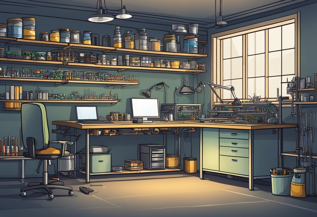 A well-lit room with a sturdy workbench, shelves stocked with electronic components, soldering iron, and PCB assembly equipment