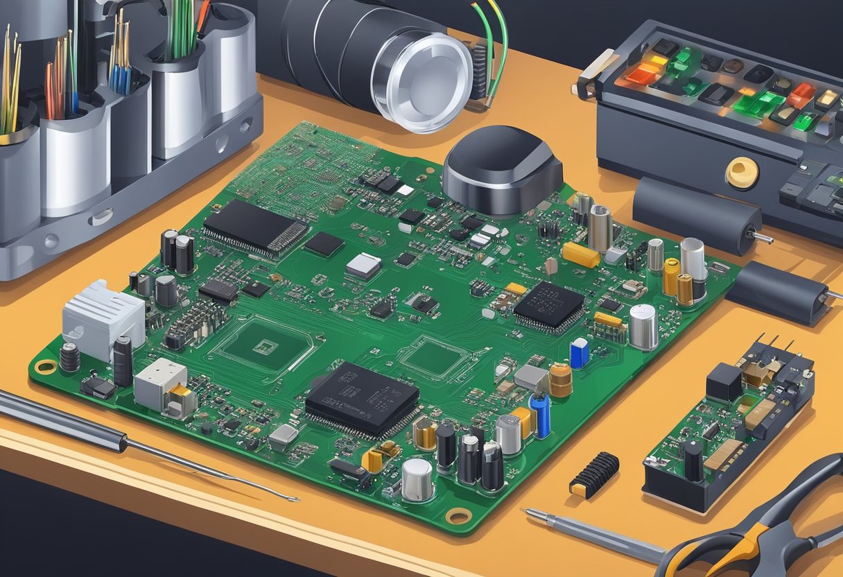 PCB components arranged on a workbench, soldering iron heating up, circuit boards and electronic parts spread out, tools and equipment ready for assembly