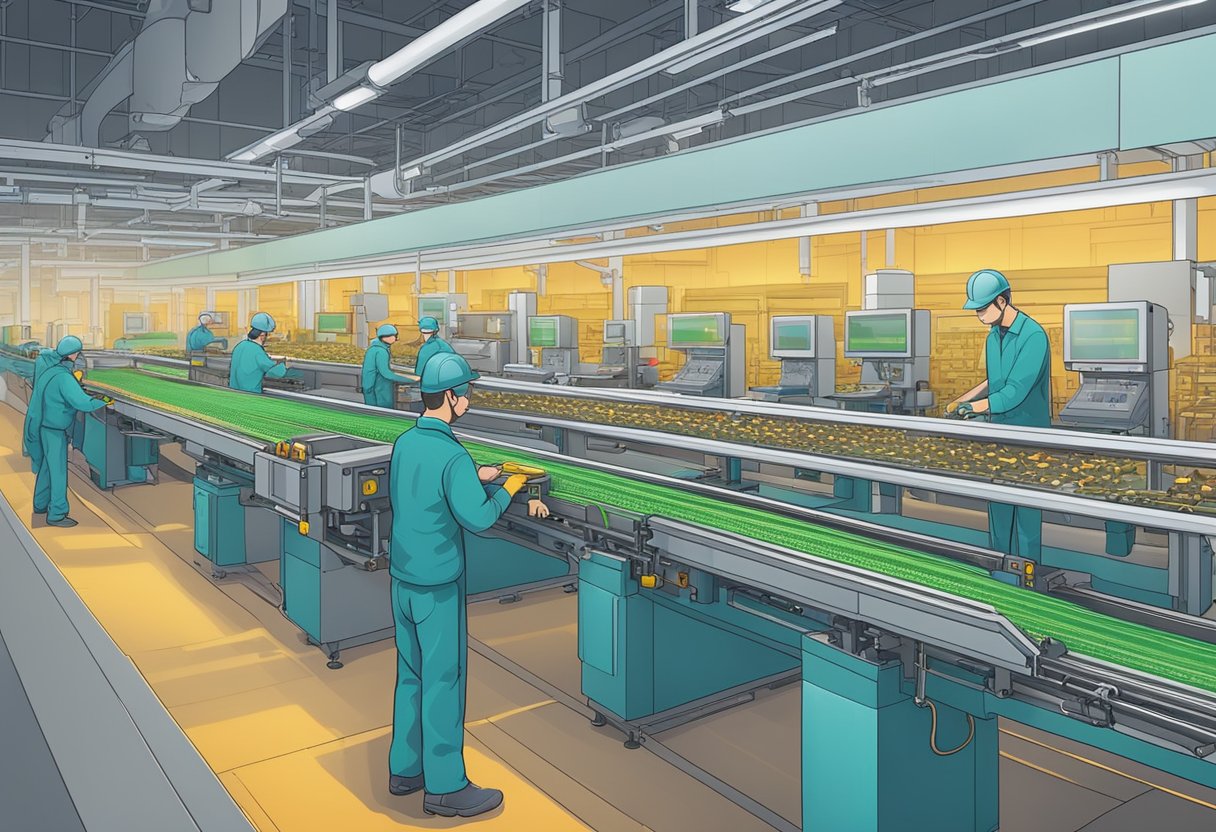 A conveyor belt moves PCBs through a factory. Machines fabricate and assemble components. Workers oversee the process