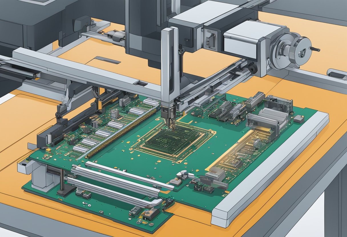 A PCB fabrication machine cuts and etches a circuit board. Components are then assembled onto the board by robotic arms