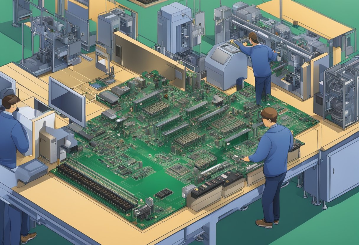 PCB components being assembled onto a circuit board by machines in a factory setting