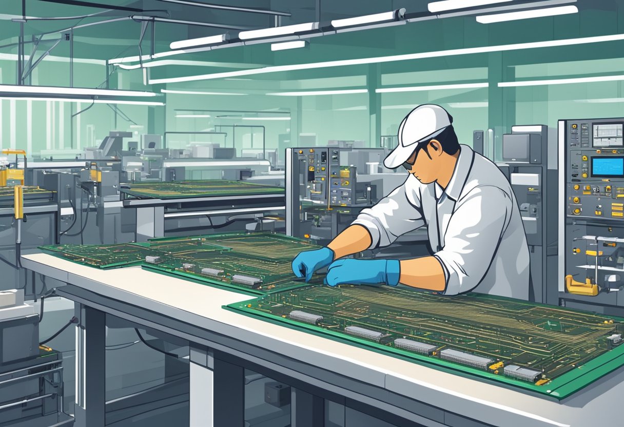 A technician operates machines for cheap PCB fabrication and assembly in a well-lit, organized factory setting