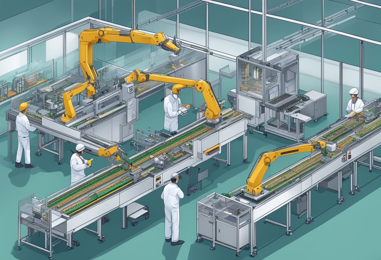 A PCB assembly line with robotic arms soldering components onto circuit boards. Automated conveyors move boards between stations. Quality control checks at the end of the line