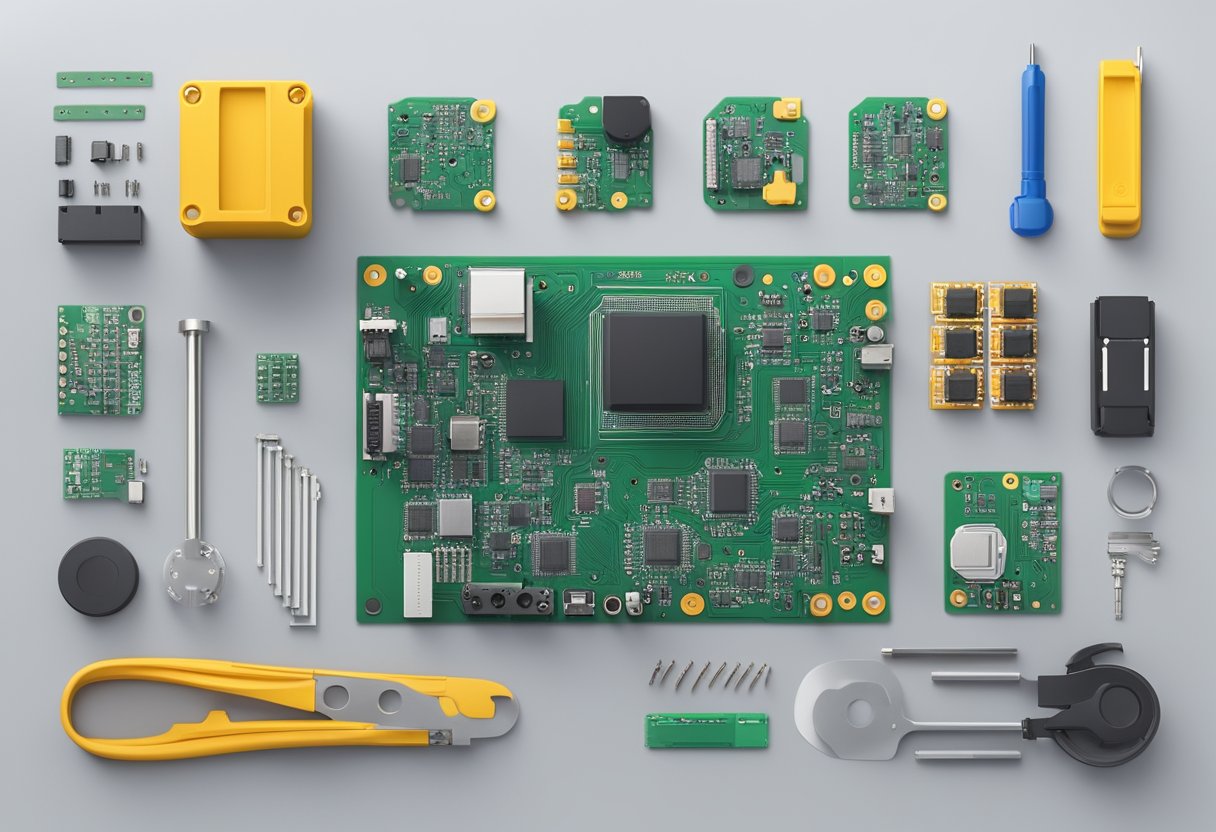 A fully assembled PCB with all key components in place, surrounded by various tools and equipment used in the turnkey assembly process