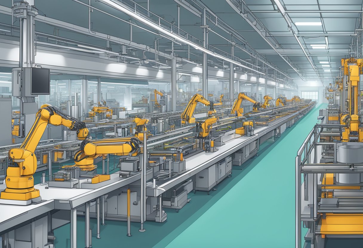 A PCB assembly line with automated machines, conveyor belts, and robotic arms working in a well-lit, organized factory setting