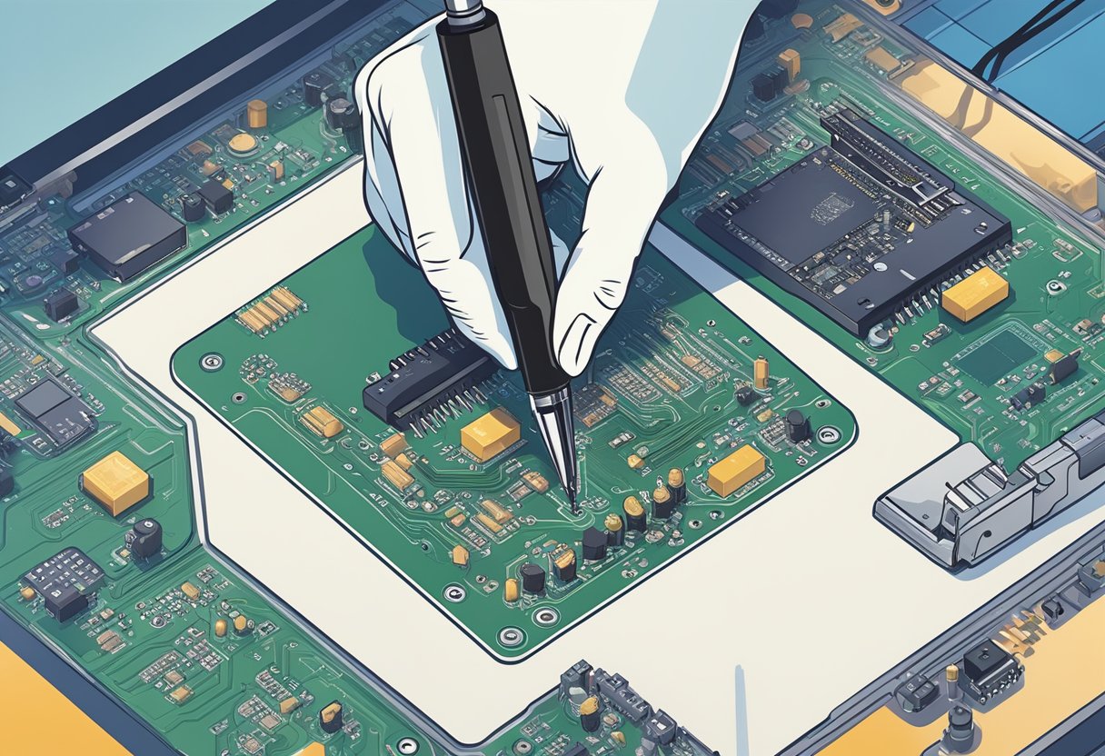 A hand placing electronic components onto a printed circuit board (PCB) with a soldering iron nearby