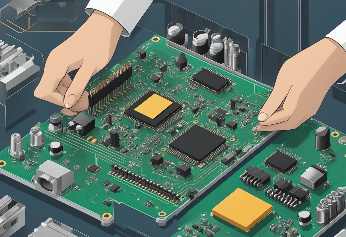 Components being placed on a printed circuit board, soldered, and inspected for quality