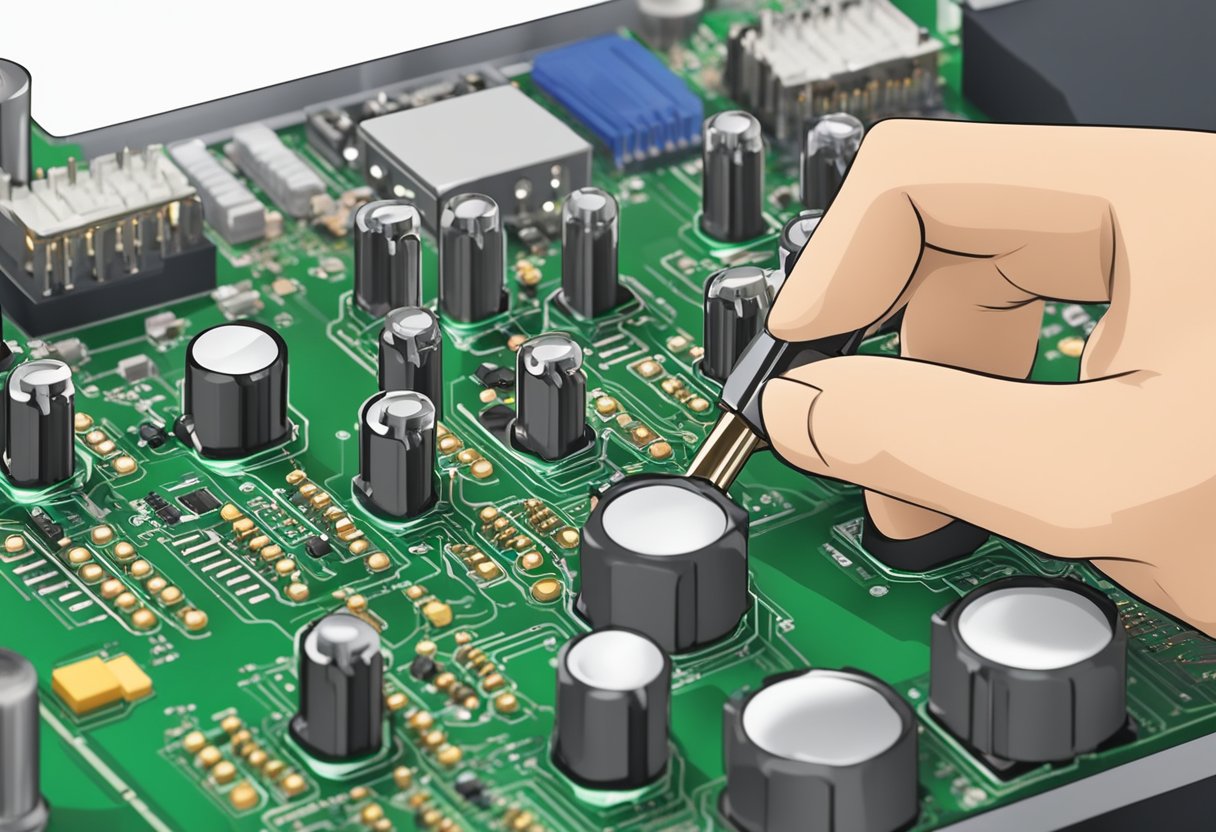 Components are placed on a circuit board. Solder is applied to connect them. The board is inspected for defects and tested for functionality