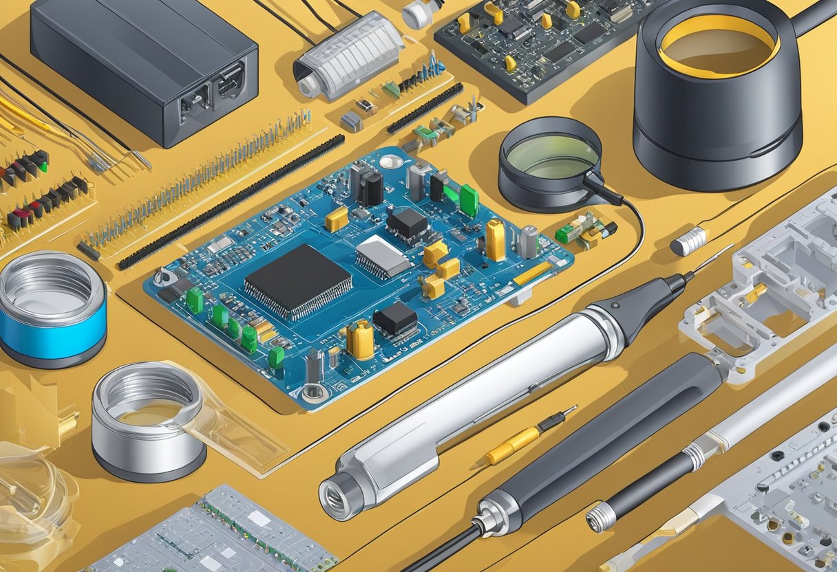 PCB components arranged for assembly on a workbench. Soldering iron, solder wire, and magnifying glass nearby. Schematic diagram and assembly instructions laid out