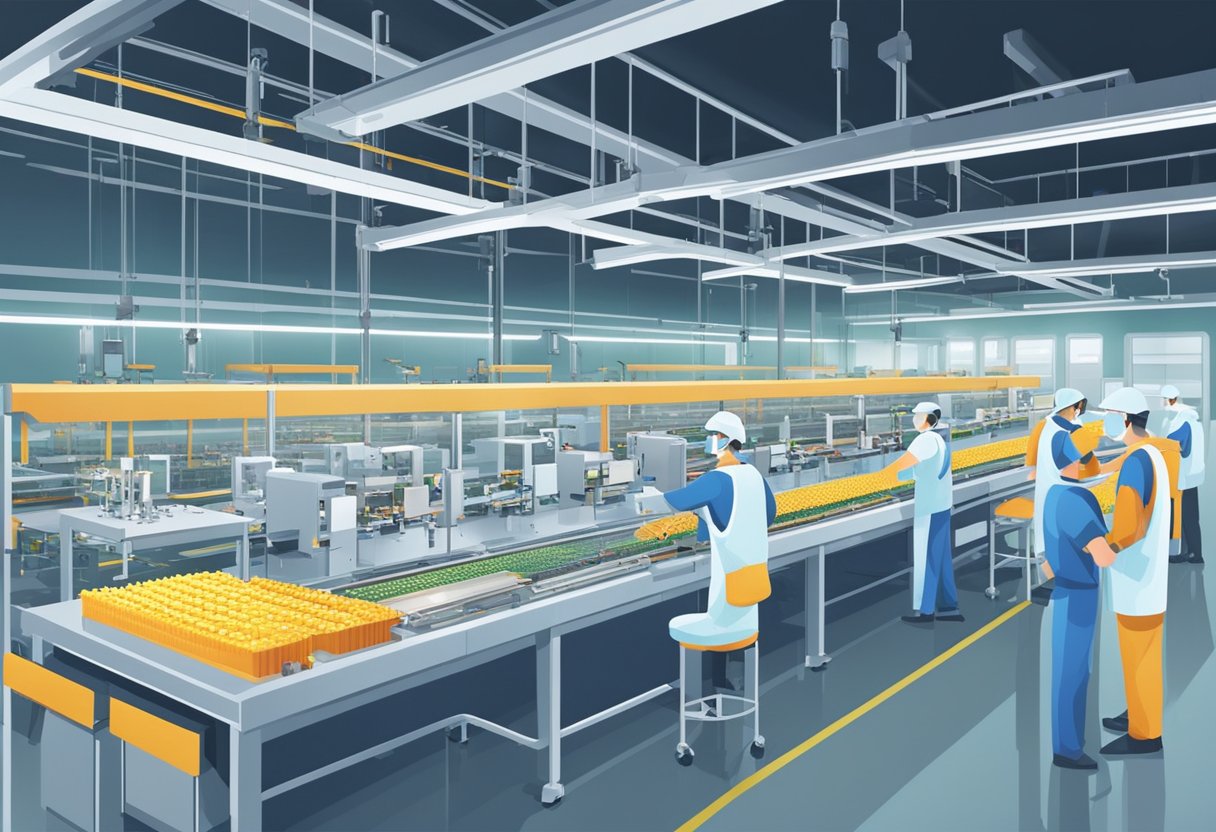 Multiple PCB assembly machines in a spacious, well-lit factory. Workers in protective gear oversee the production line, while quality control inspectors examine finished products