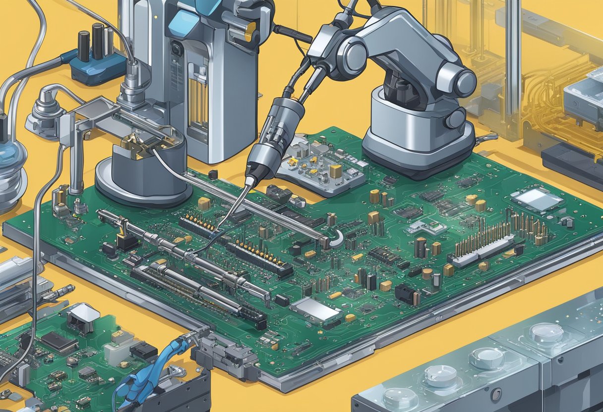 Soldering iron melts metal onto circuit board. Components placed by robotic arm. PCB assembly machines fill room