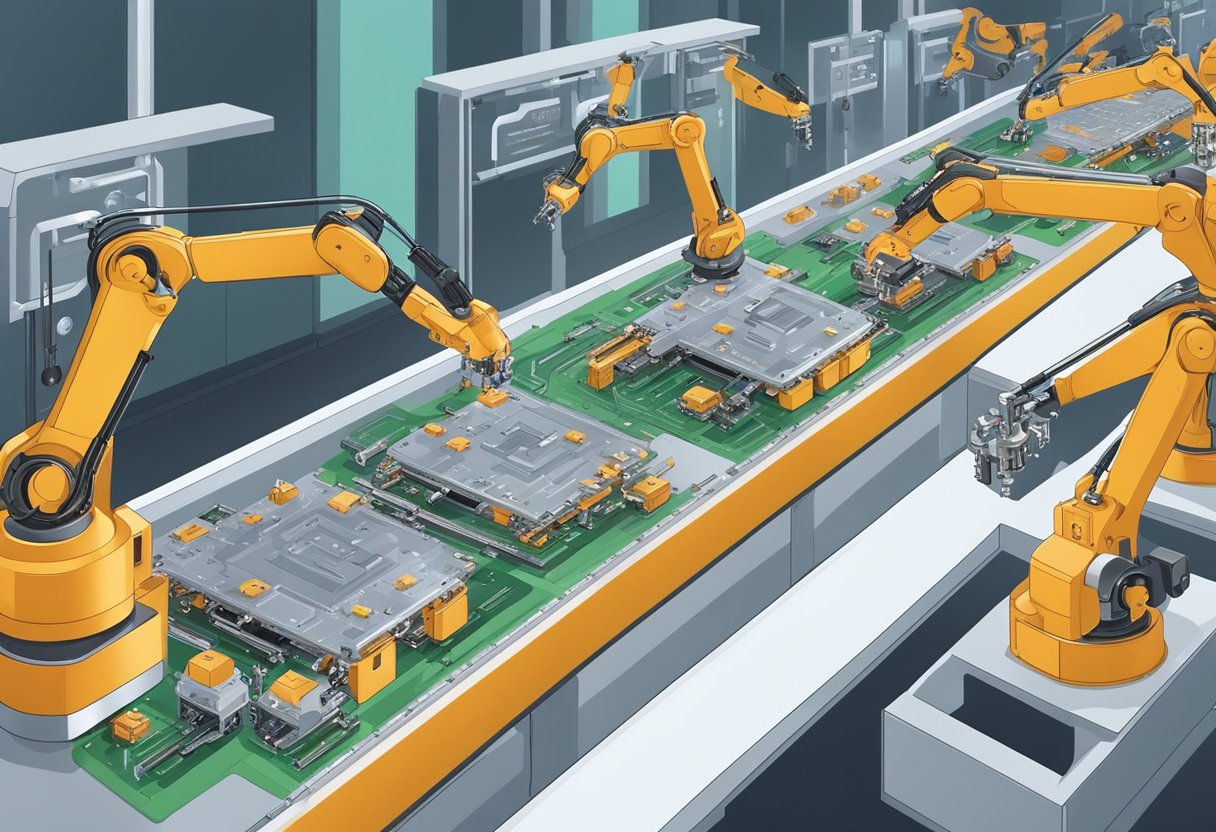 Robotic arms place components on a circuit board as conveyor belt moves it through the assembly line. Soldering machines then secure the components in place