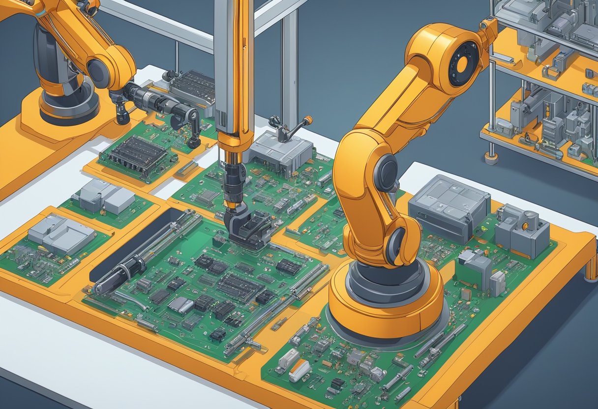 Robotic arms place components onto a circuit board. Conveyor belts move boards through soldering and inspection stations. Automated machines populate and test PCBs