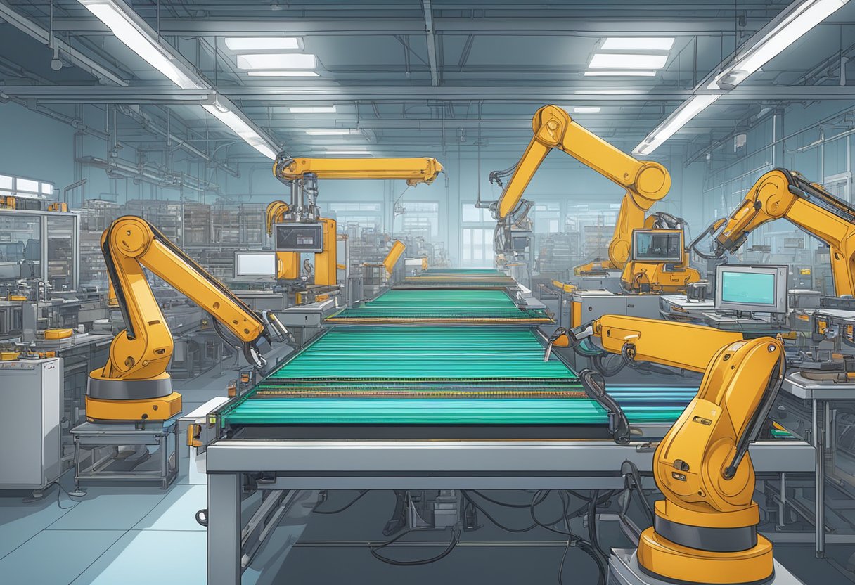 A conveyor belt moves PCBs past robotic arms, soldering irons, and component feeders in a brightly lit factory setting