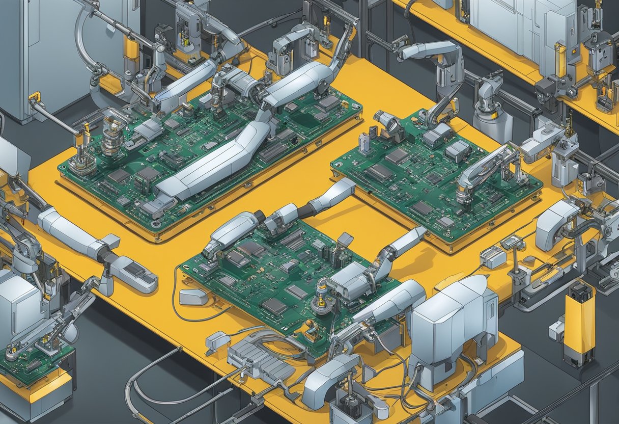 Components being placed on a printed circuit board by robotic arms in a manufacturing facility