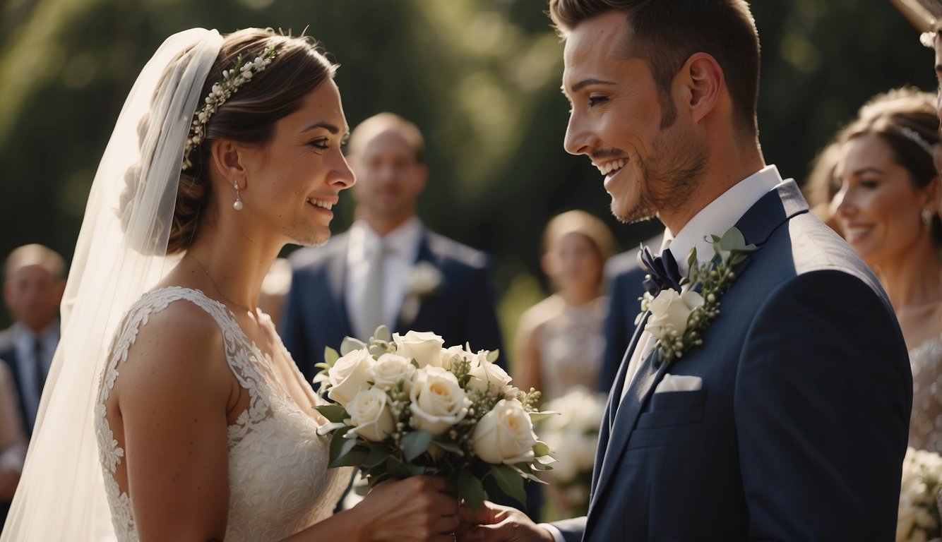 A bride and groom exchanging vows in a beautiful outdoor ceremony, with a wedding videographer capturing every emotional moment from different angles