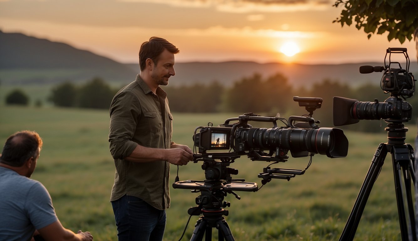 A wedding videographer setting up equipment at a picturesque outdoor venue, with a beautiful sunset in the background
