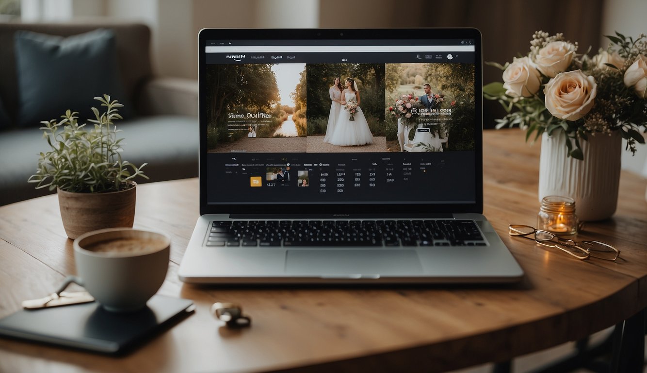 A laptop with a wedding videography website open, showcasing sample videos and client testimonials. Social media icons and a calendar with booked dates are visible on the screen