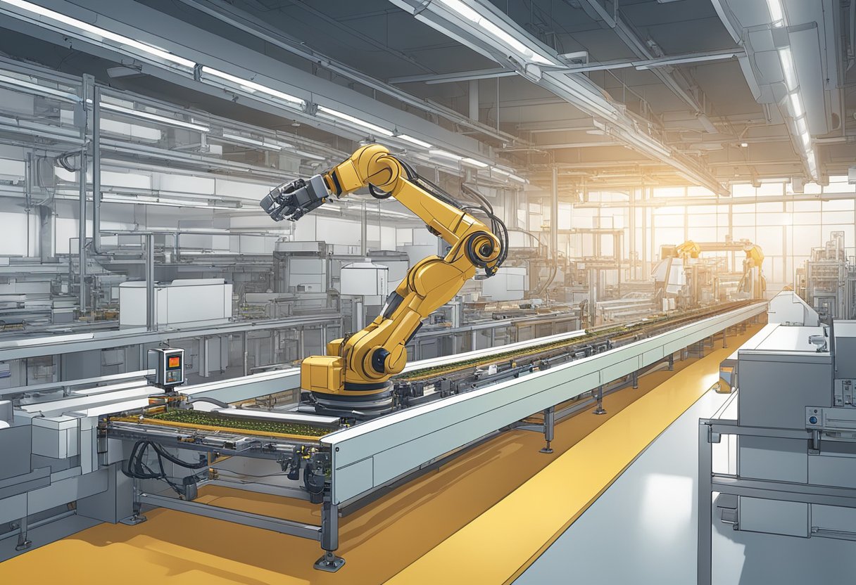 A robotic arm swiftly assembles PCB components on a conveyor belt in a well-lit manufacturing facility