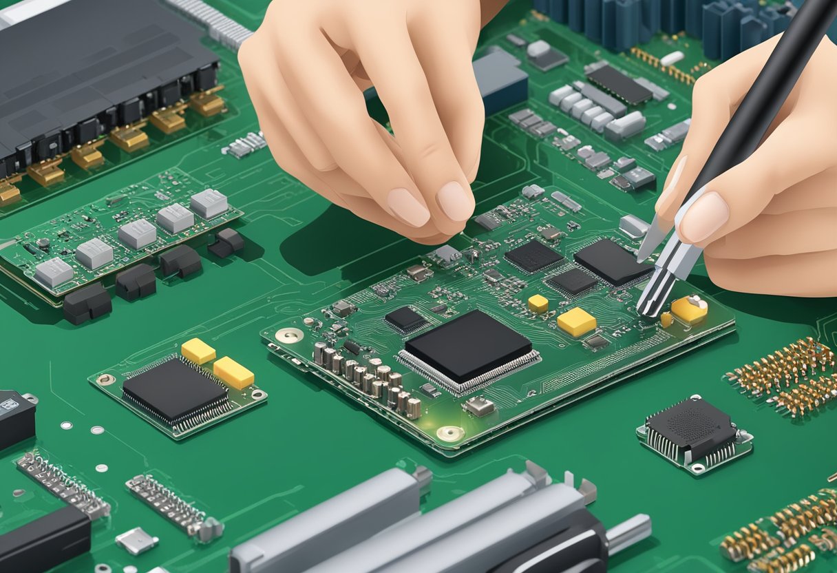 PCB components being swiftly assembled onto a circuit board with precision tools and machinery