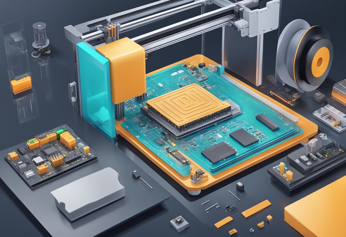 A 3D printer rapidly creates a prototype circuit board, while components are assembled nearby